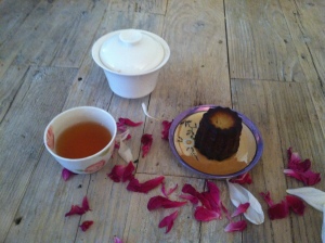 Four o'clock tea. Palais des Thes Montagne Bleue with rhubarb & Jacques Torres canele. Courtesy of my dining room table.